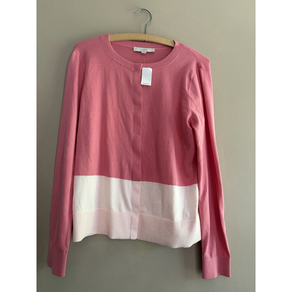 NEW LOFT Two-Tone Pink Colorblock 100% Cotton Knit Lightweight Cardigan Sz Large